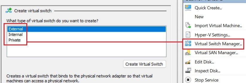 Virtual Switch Manager interface in Hyper-V for network configuration of virtual machines